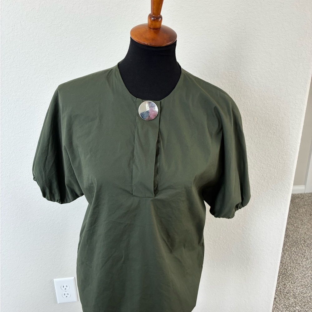 Olive Green Minimalist Blouse Top Short Sleeve Statement Button Relaxed Fit